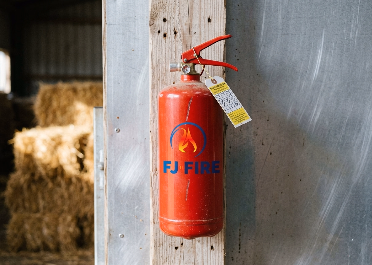 Extincteur vérifié fixé sur un poteau dans un bâtiment d'élevage avec stockage de paille, équipement de sécurité incendie