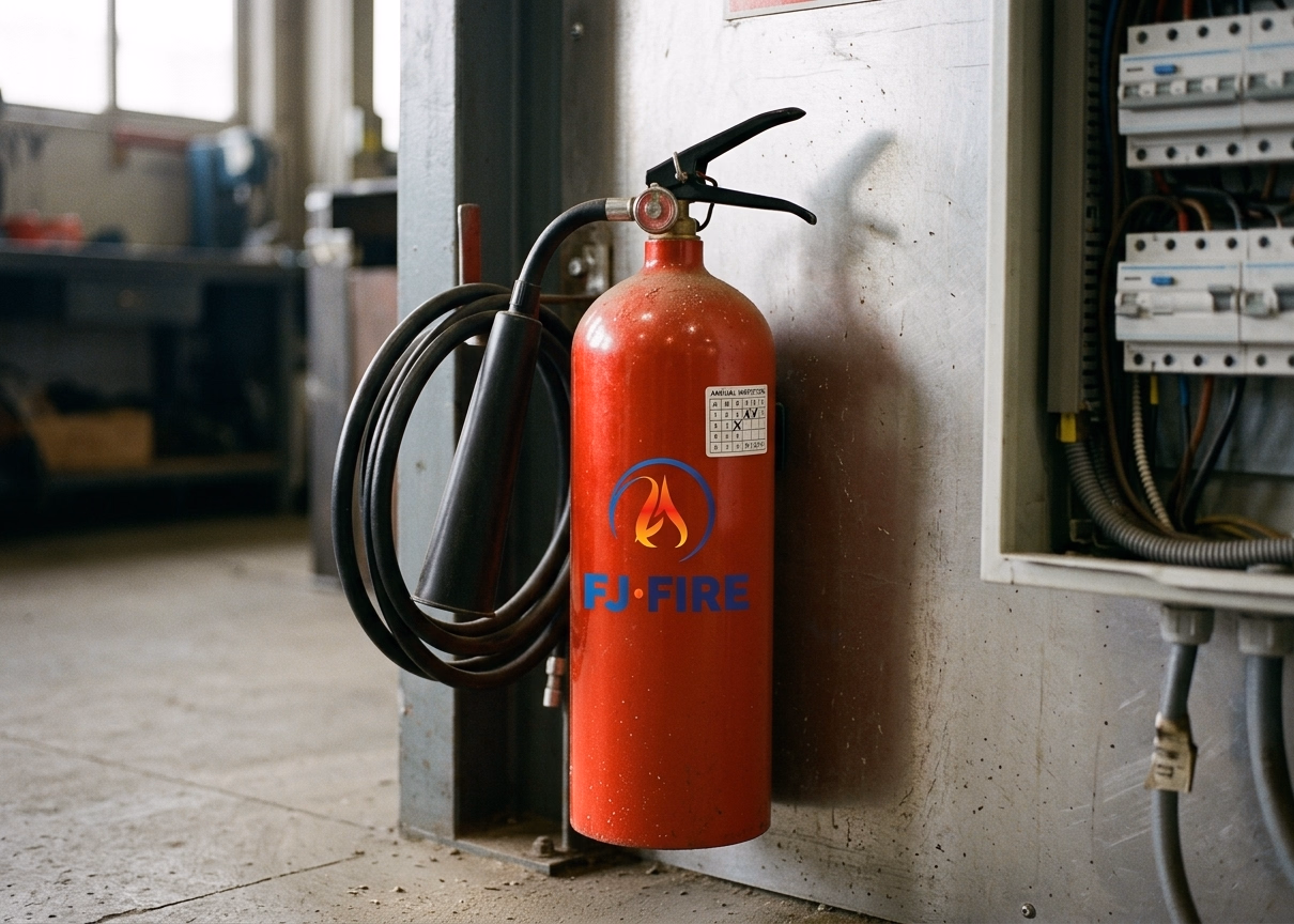 Extincteur rouge dans un atelier industriel métallique avec étiquette de vérification annuelle — conformité ICPE Gironde