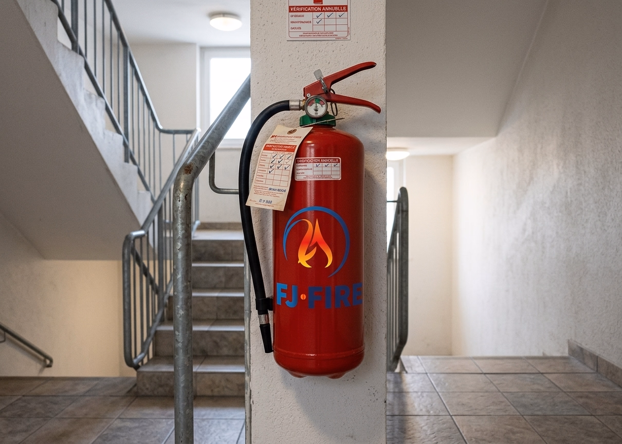 Extincteur rouge dans une cage d'escalier d'immeuble collectif, étiquette de vérification annuelle visible, sécurité incendie copropriété