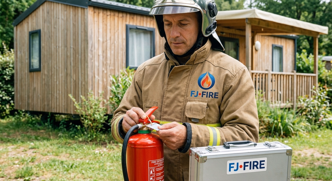 Technicien FJ FIRE verifiant un extincteur NF dans un camping de Gironde, mobile-home en arriere-plan