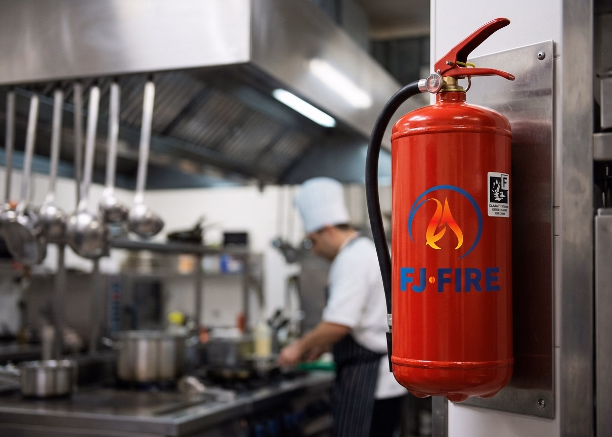 Extincteur classe F ABF positionné dans une cuisine professionnelle de restaurant, conformément aux obligations ERP type N