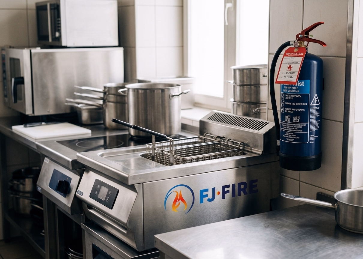 Extincteur de classe F positionné à côté d'une friteuse professionnelle dans une cuisine de restaurant — vérification annuelle obligatoire ERP type N