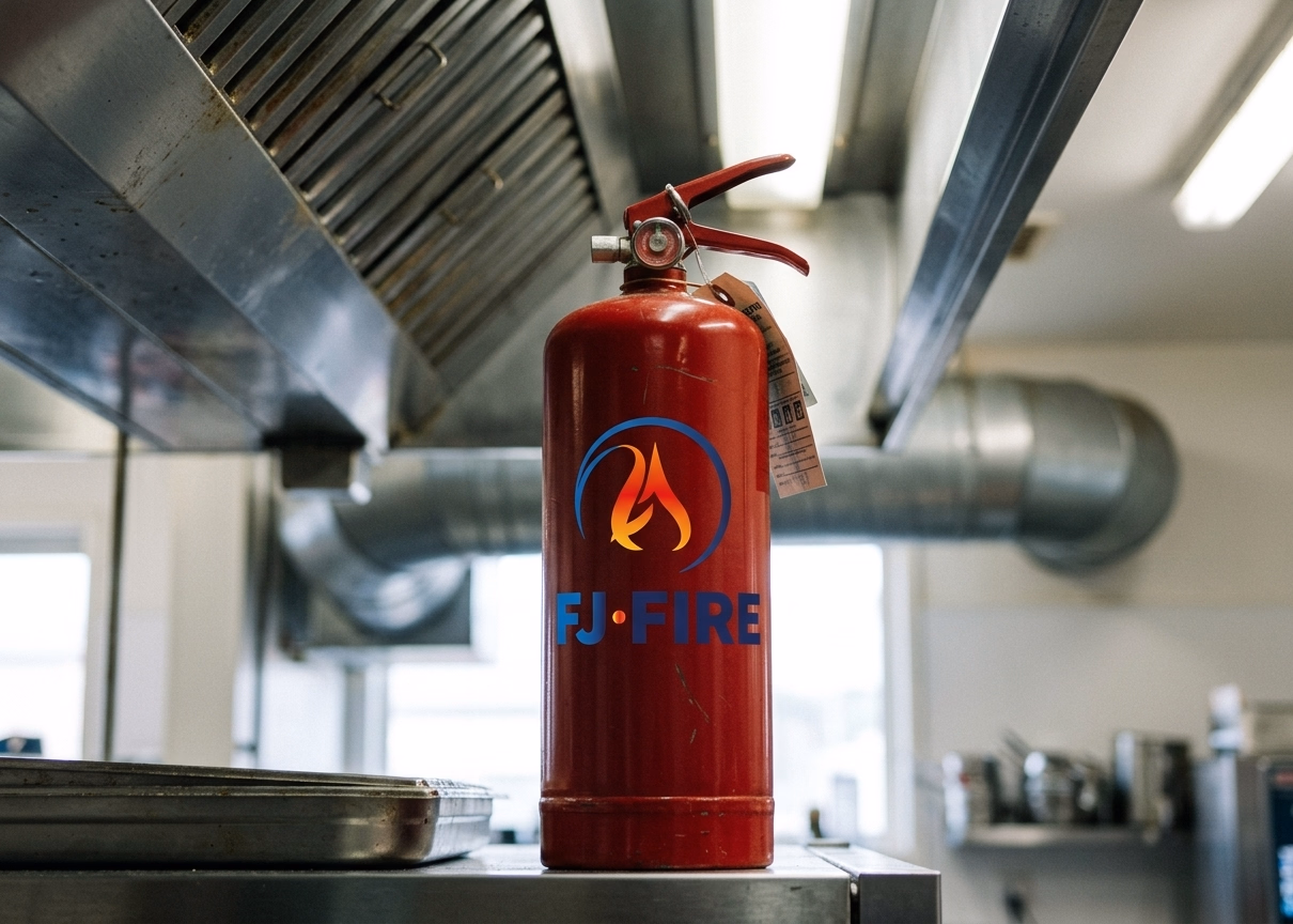 Extincteur classe F et hotte de cuisine professionnelle vérifiés dans un restaurant fast-food, sécurité incendie ERP