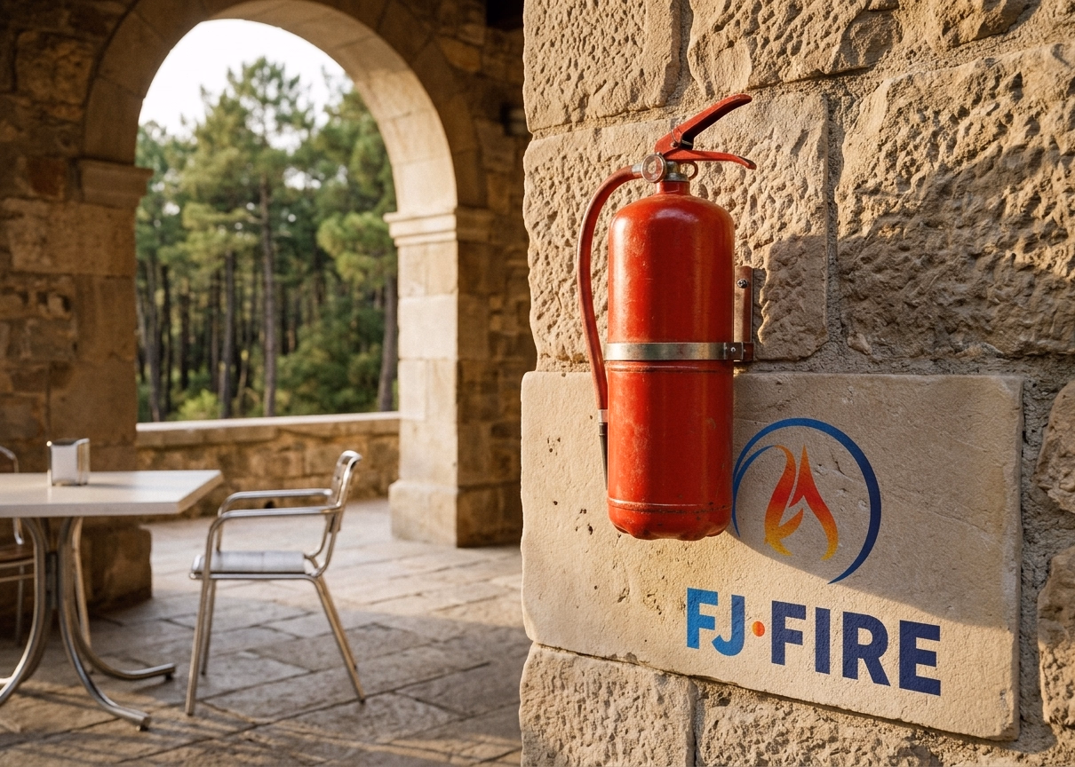 Extincteur classe F rouge installé à l'entrée d'une terrasse de restaurant en zone forestière dans les Landes, pinèdes visibles en arrière-plan, panneau interdiction de feu affiché