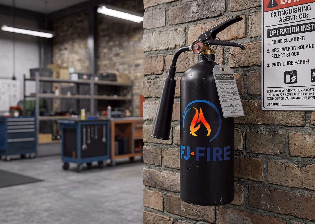 Extincteur CO2 professionnel fixé au mur d'un atelier industriel avec étiquette de vérification annuelle conforme