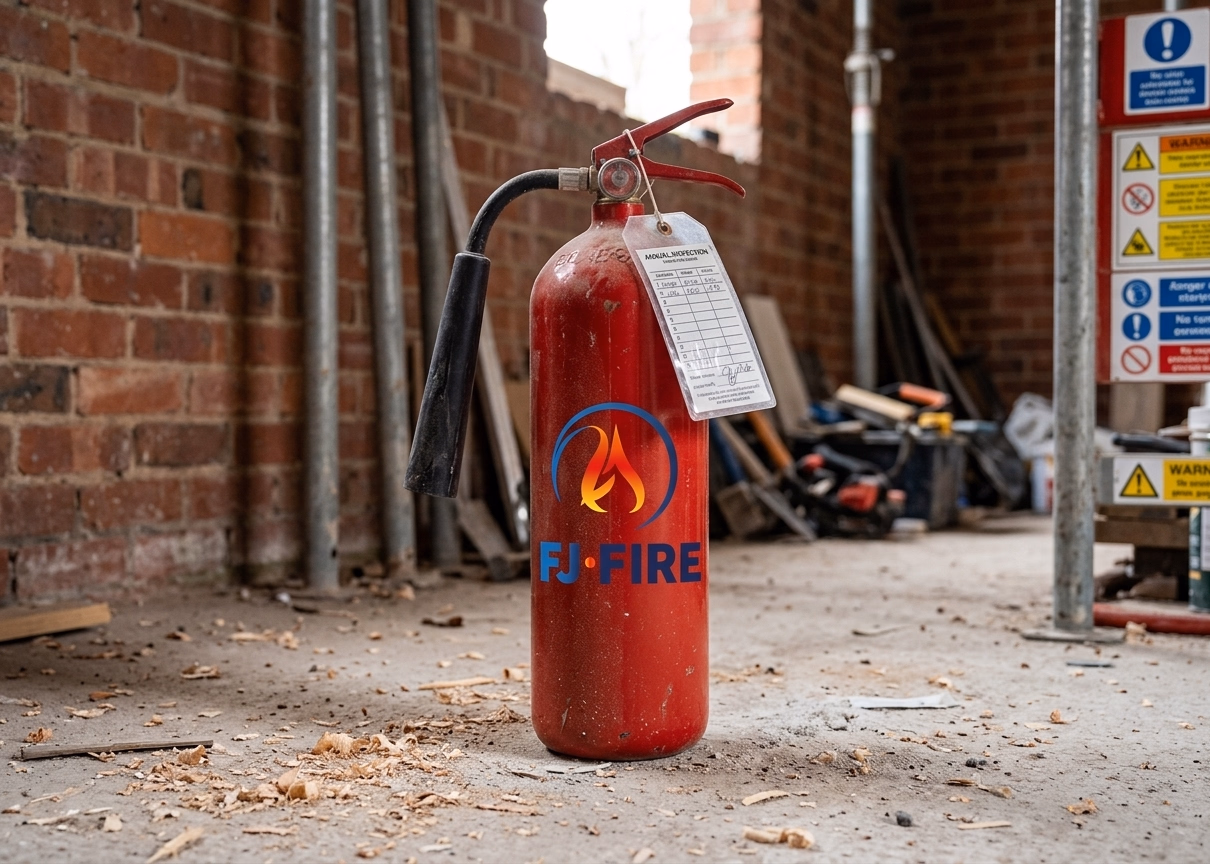 Extincteur CO2 positionné sur un chantier de réhabilitation industrielle, obligations sécurité incendie