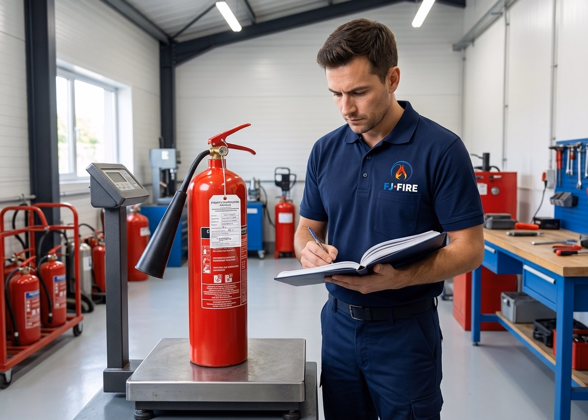 Technicien certifié FJ FIRE pesant un extincteur CO2 rouge sur balance dans un atelier de maintenance, vérification annuelle norme NF S 61-919 à Bordeaux