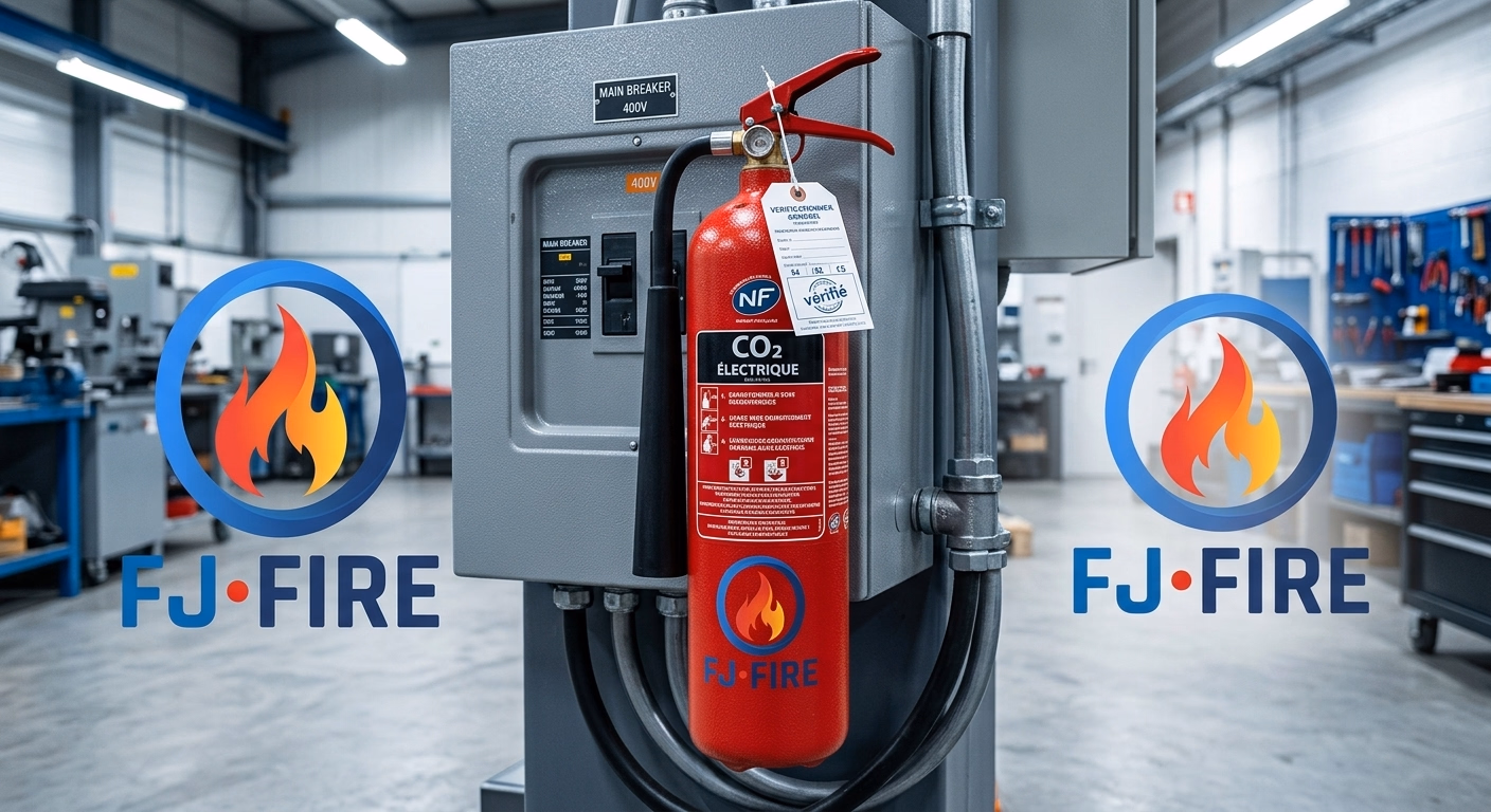 Extincteur CO2 certifié NF positionné à côté d'un tableau électrique industriel dans un atelier, avec étiquette de vérification annuelle visible