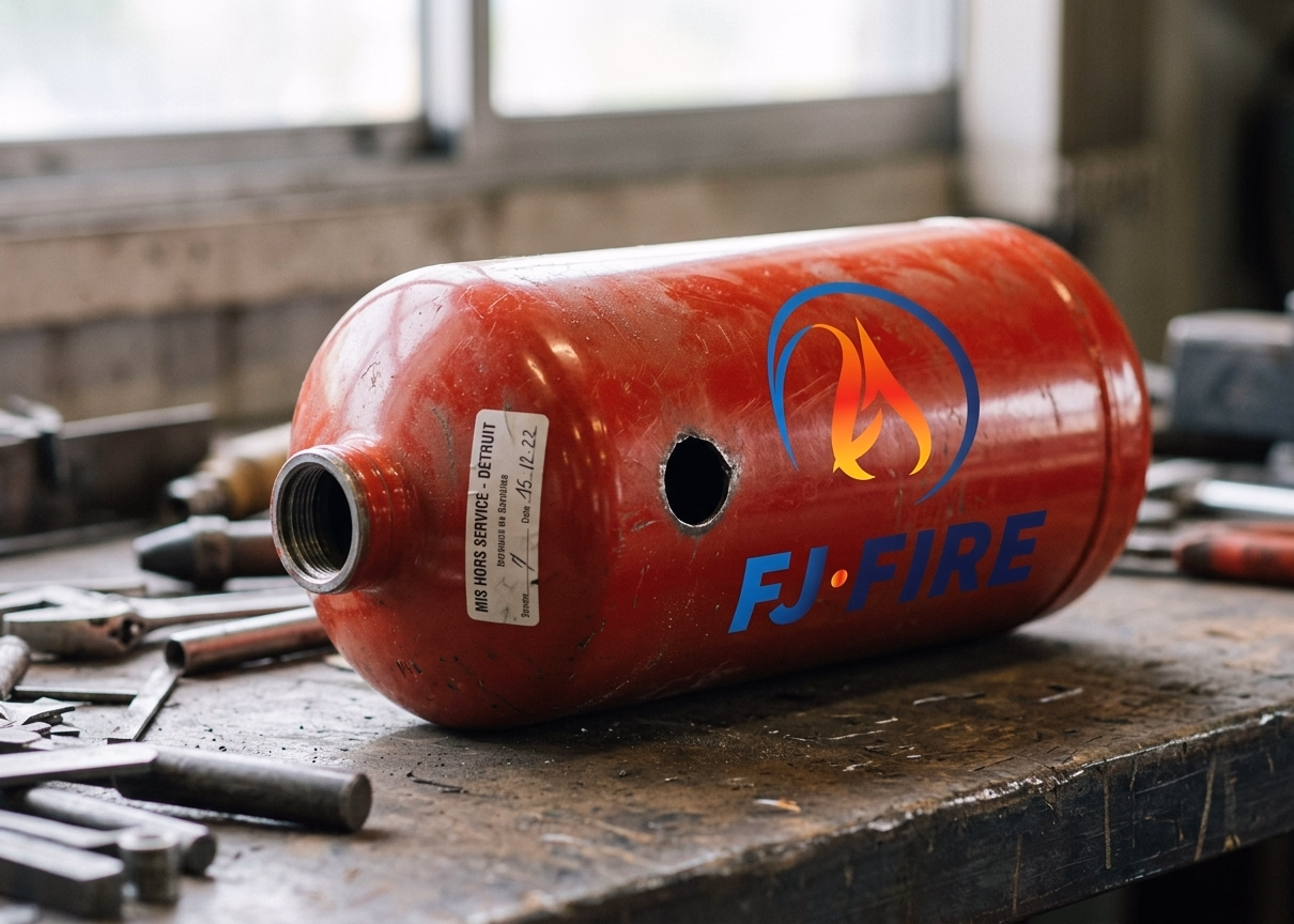Corps d'extincteur rouge dénaturé, percé et rendu définitivement hors service par un professionnel en Gironde, prêt pour le recyclage
