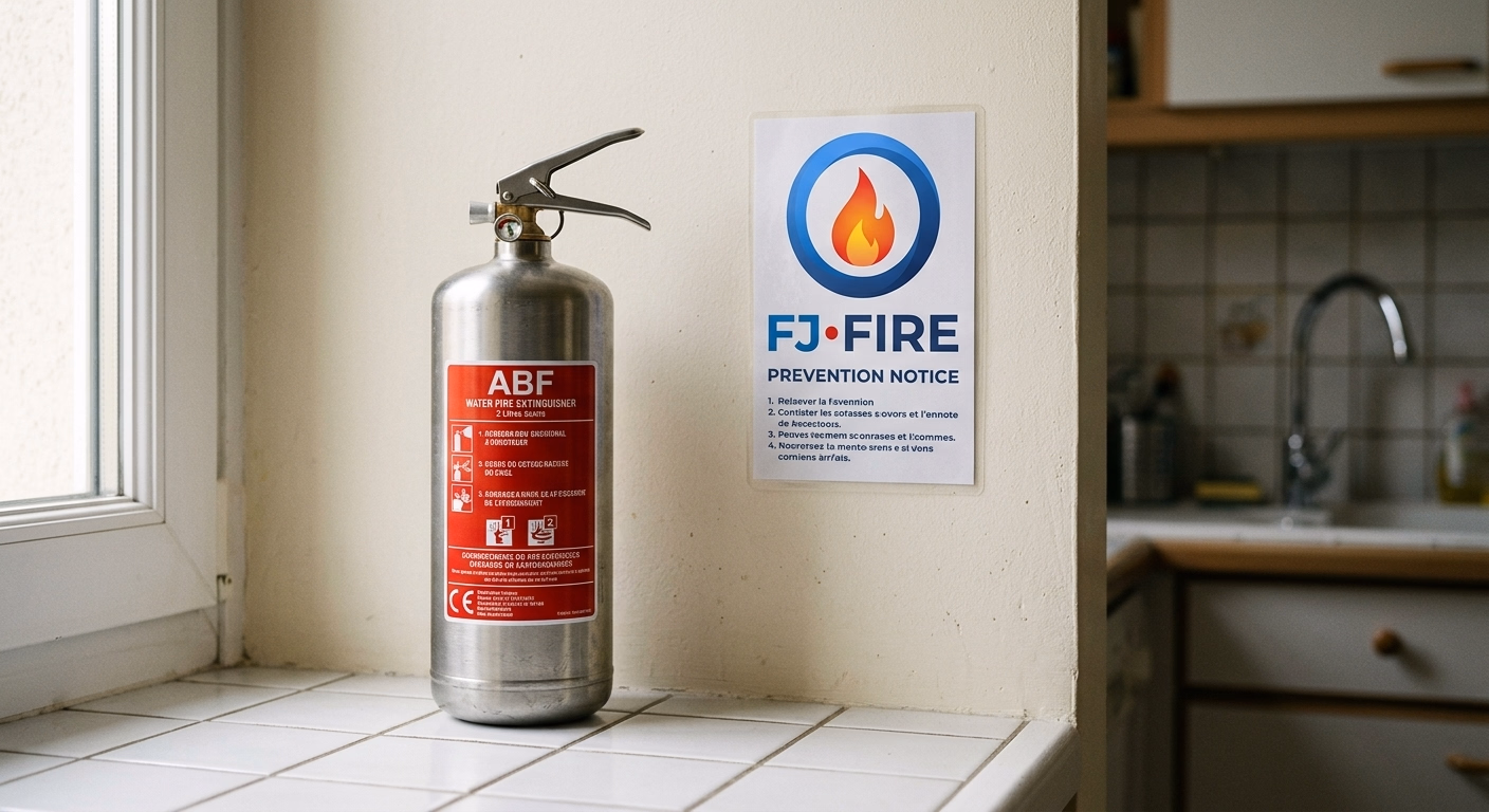 Extincteur a eau ABF 2 litres pose dans une cuisine de maison individuelle, equipement de prevention incendie obligatoire pour les particuliers en Lot-et-Garonne