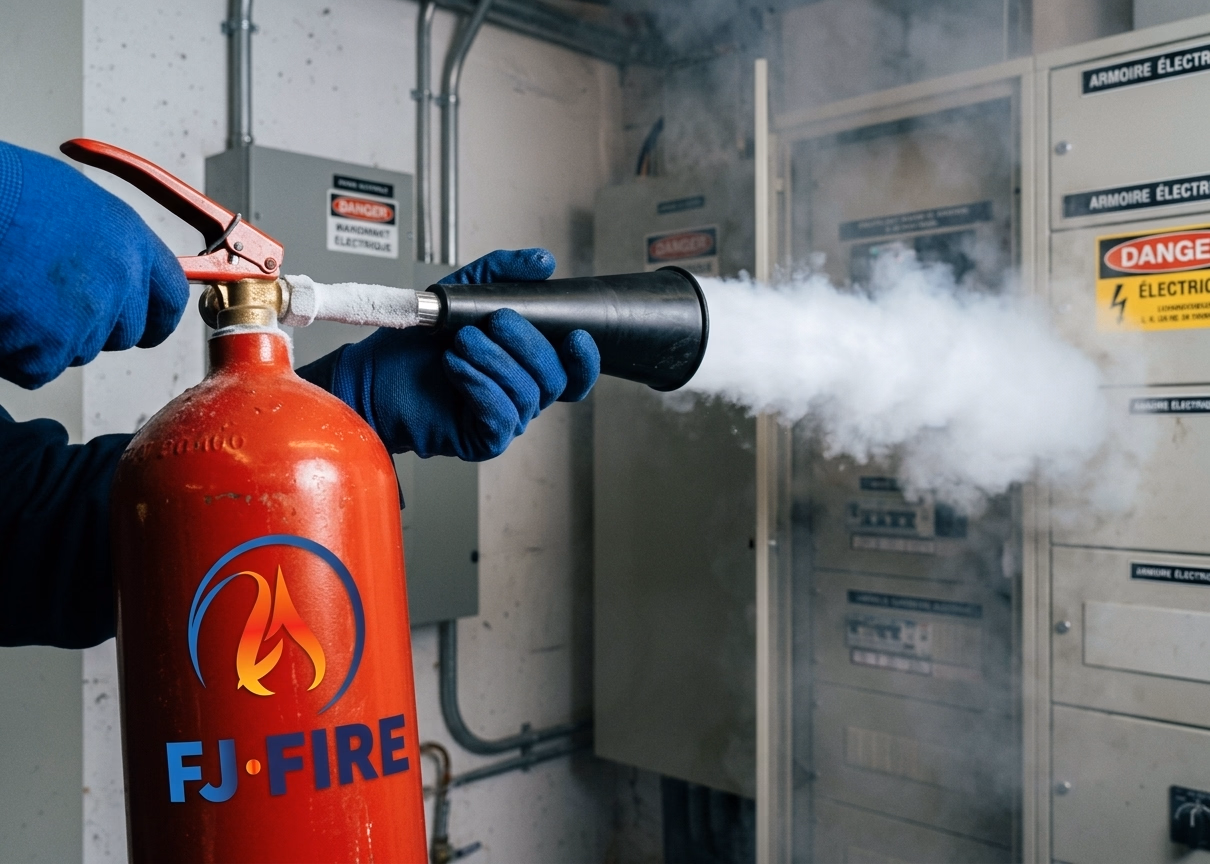 Extincteur CO2 rouge à diffuseur trompette noir utilisé sur une armoire électrique, agent diélectrique sans résidu pour feu électrique