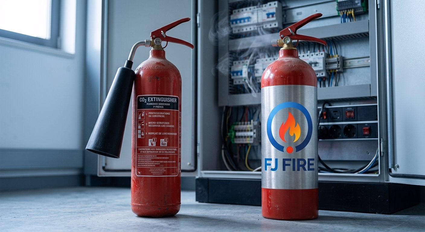Extincteur CO2 rouge à diffuseur trompette dirigé vers un tableau électrique en feu, agent diélectrique sans résidu pour incendie électrique sous tension