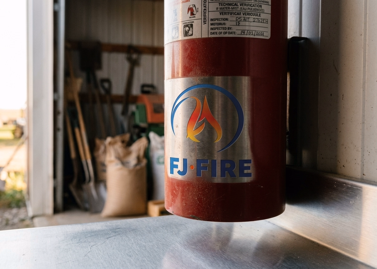 Extincteur verifie a l'entree d'un hangar agricole de stockage de grain et de materiel, equipement de securite incendie entreprise