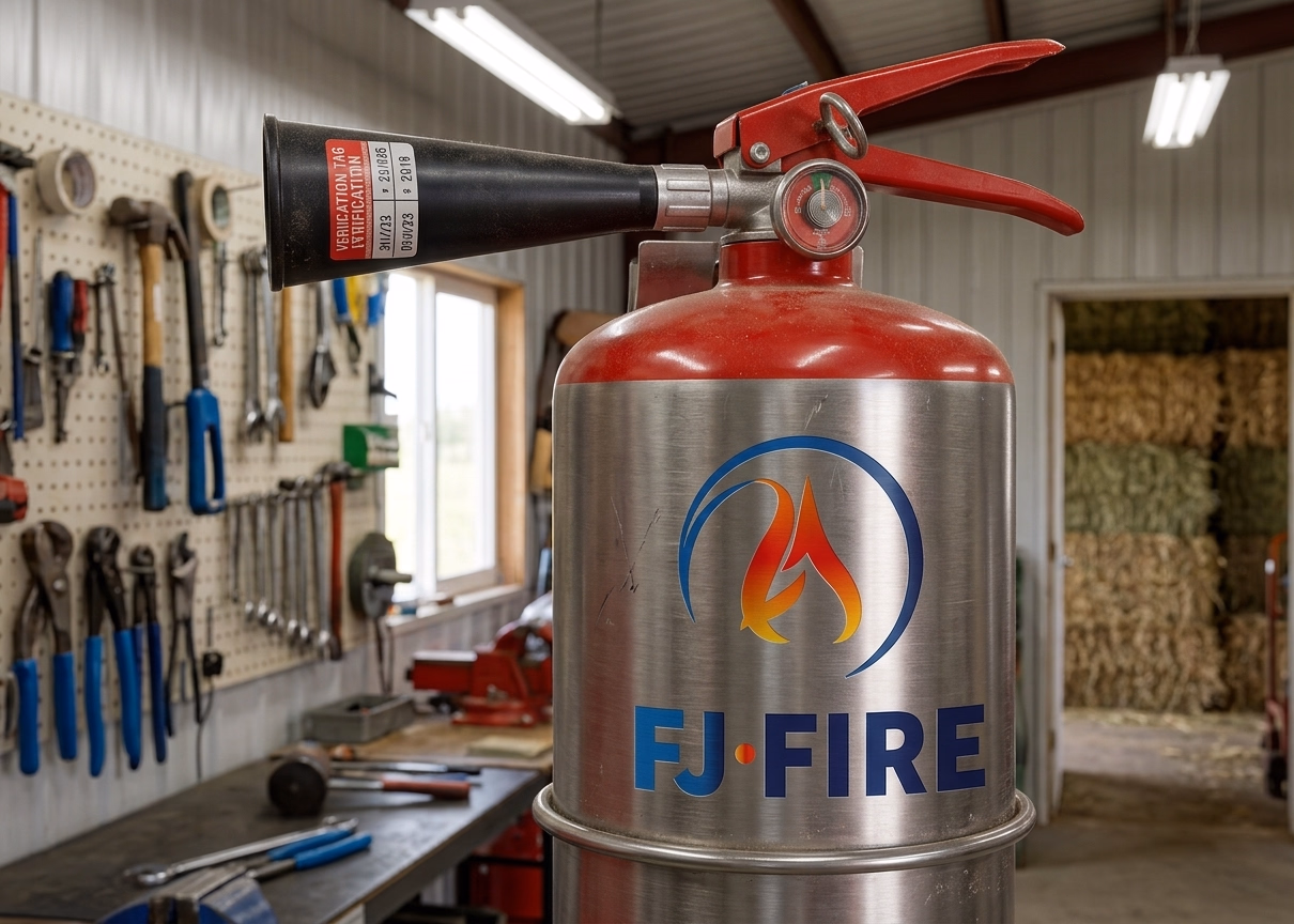 Extincteur verifie a l'entree d'un hangar agricole de stockage de fourrage, equipement de securite incendie entreprise