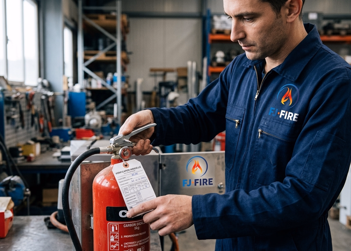 Technicien sécurité incendie contrôlant un extincteur industriel sur un site classé ICPE en Gironde