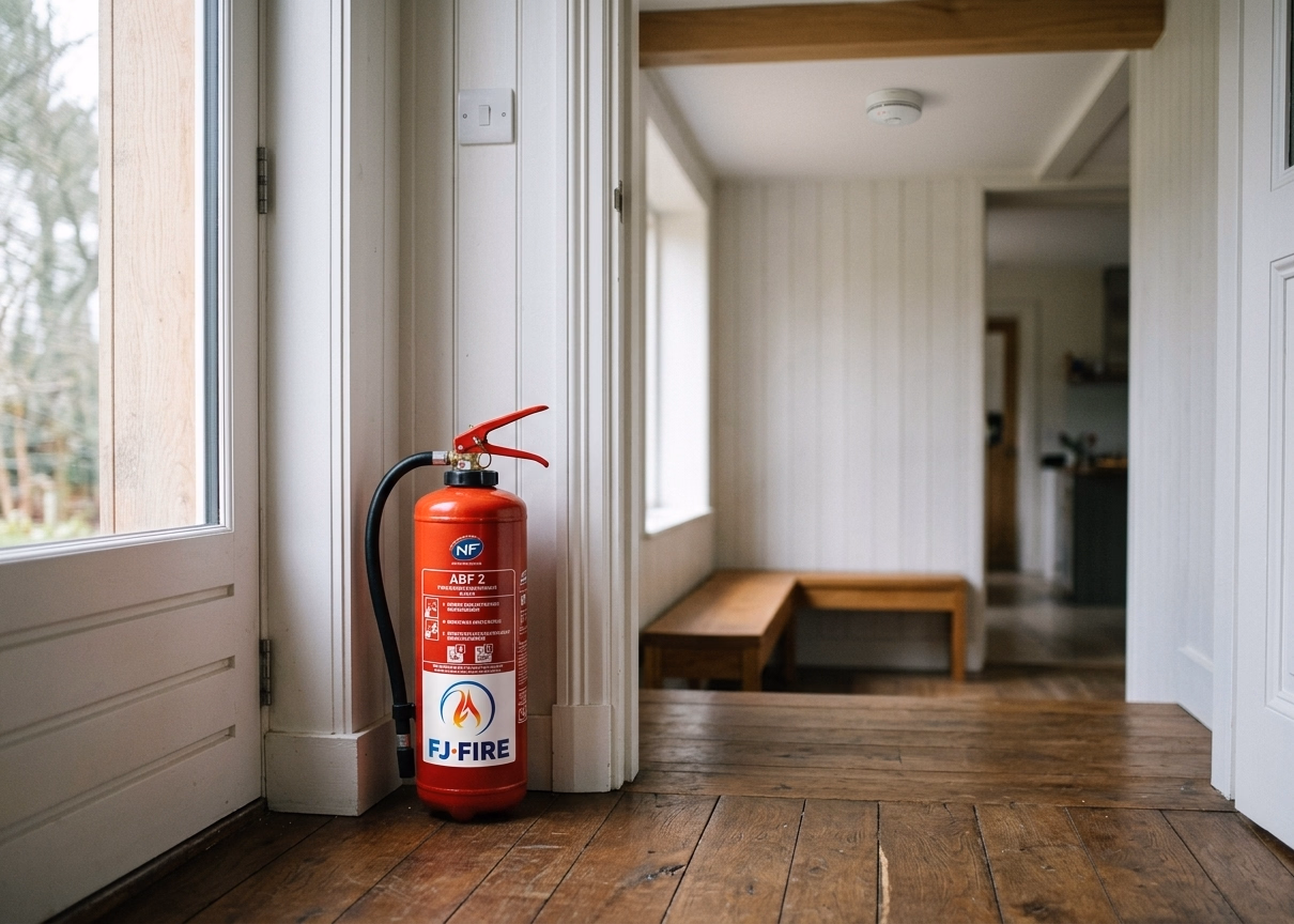 Extincteur ABF 2 litres et detecteur de fumee DAAF dans l'entree d'une maison en zone boisee, prevention incendie