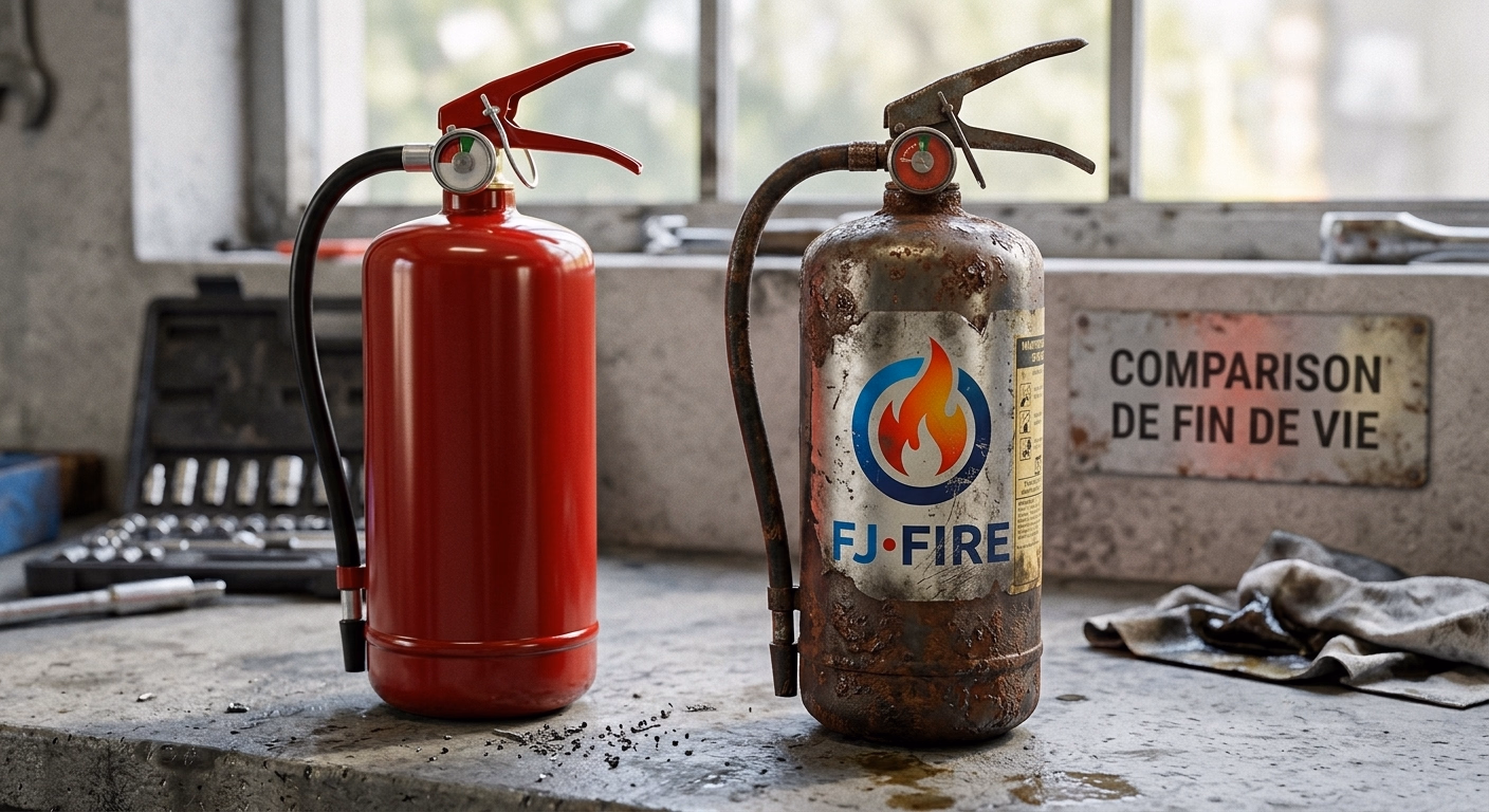 Comparaison entre un extincteur neuf et un vieil extincteur rouillé au manomètre dans le rouge, en fin de vie et bon pour le rebut selon la norme NF S 61-919