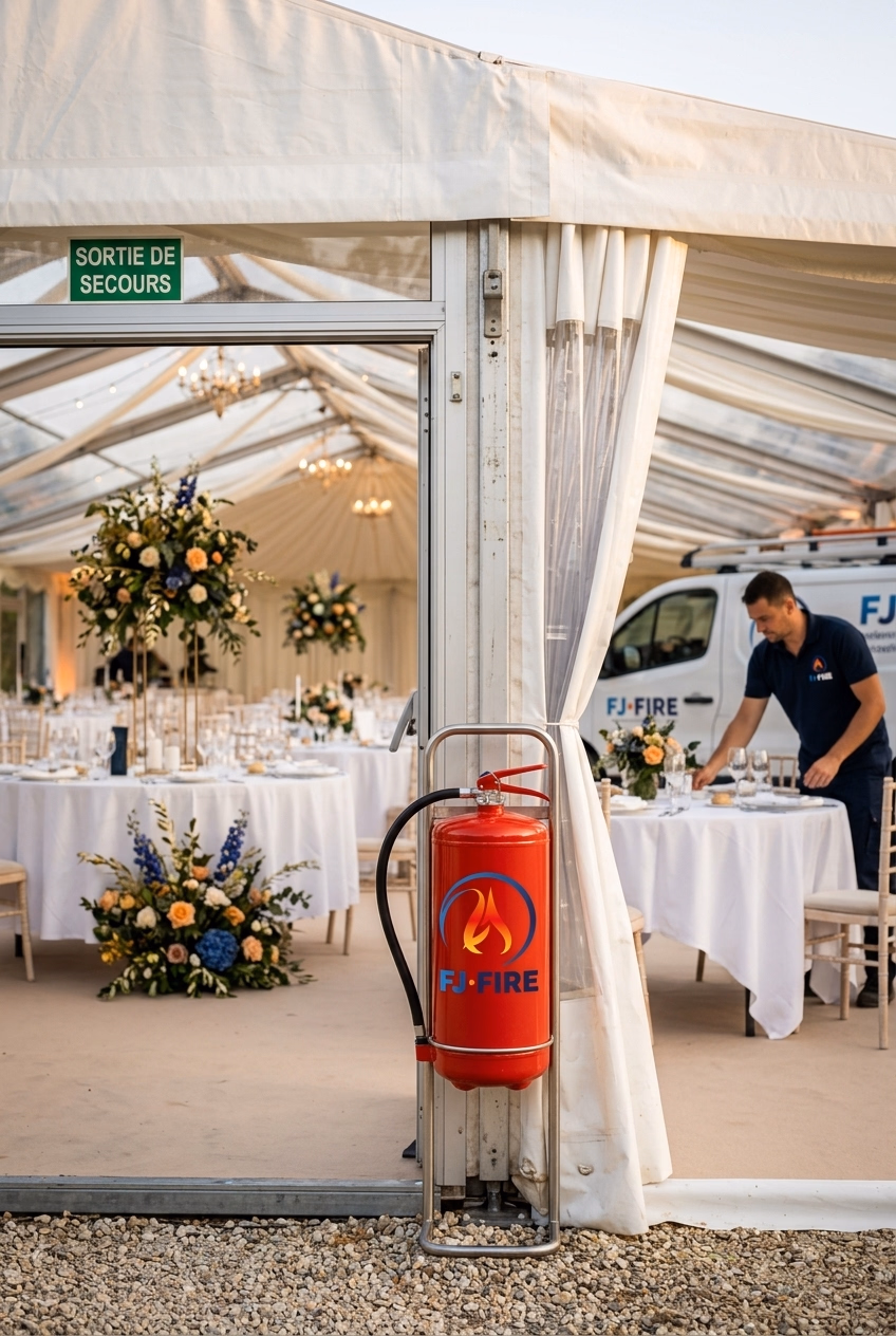 Chapiteau de réception de mariage en Gironde équipé d'extincteurs conformes à la réglementation CTS