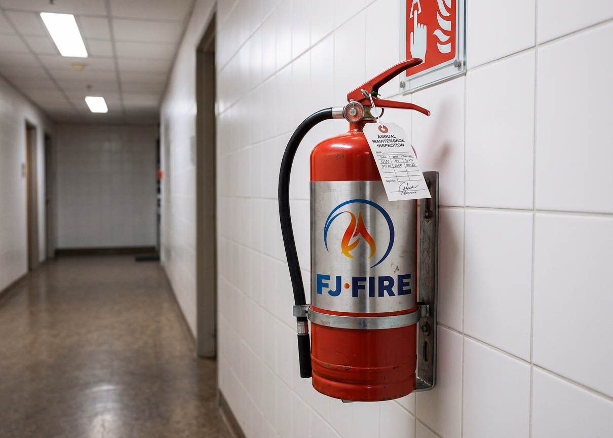 Extincteur rouge dans un couloir de parties communes d'immeuble avec étiquette de vérification annuelle FJ FIRE