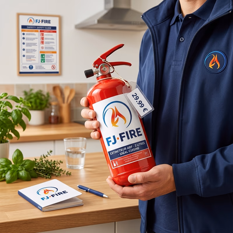 Extincteur ABF 2 litres compact dans une cuisine française, le meilleur rapport qualité-prix pour les particuliers