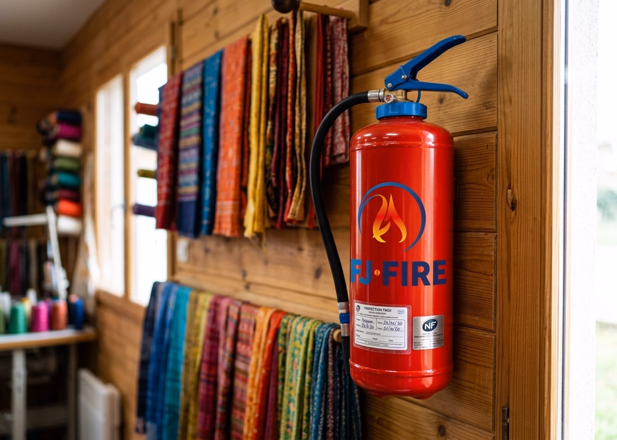 Extincteur portatif eau pulvérisée 6 litres avec étiquette de vérification annuelle dans un atelier artisanal — conformité réglementaire Code du travail
