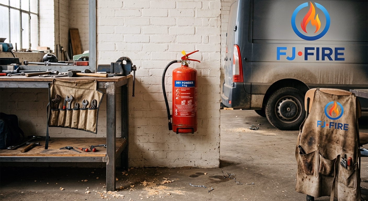 Extincteur poudre ABC rouge dans un atelier artisanal abritant un vehicule, conformite Code du travail