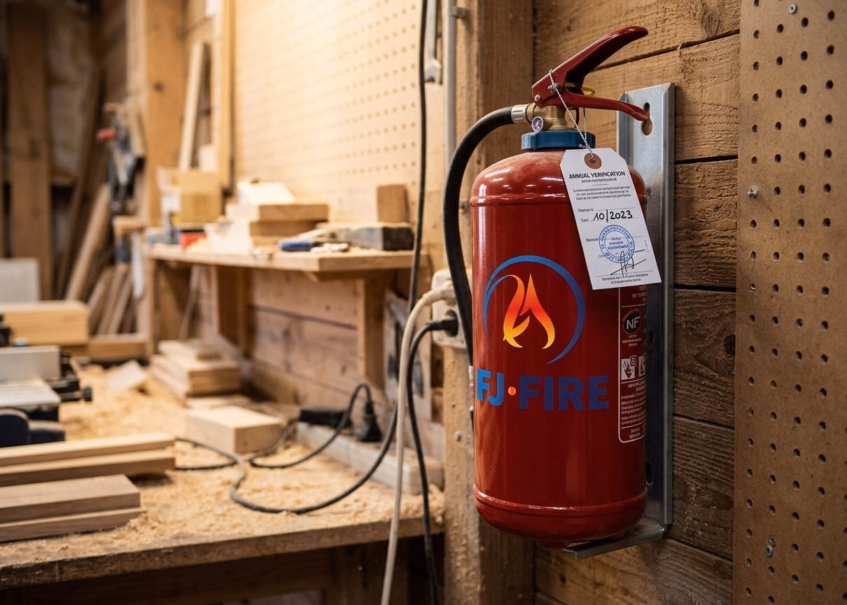 Extincteur poudre ABC certifié NF pour zone ATEX poussières de bois, étiquette de vérification annuelle visible