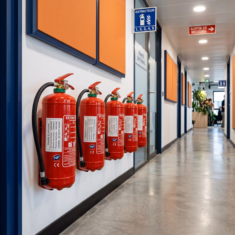 Rangée d'extincteurs conformes avec étiquettes de vérification dans un couloir d'entreprise à Saint-André-de-Cubzac