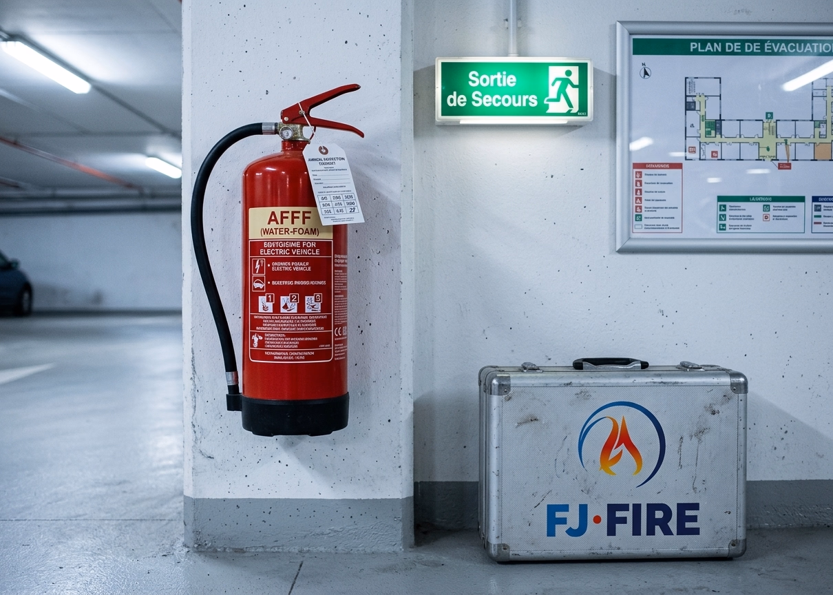 Extincteur eau-pulvérisée et BAES de sécurité dans un parking d'entreprise accueillant des véhicules électriques en recharge
