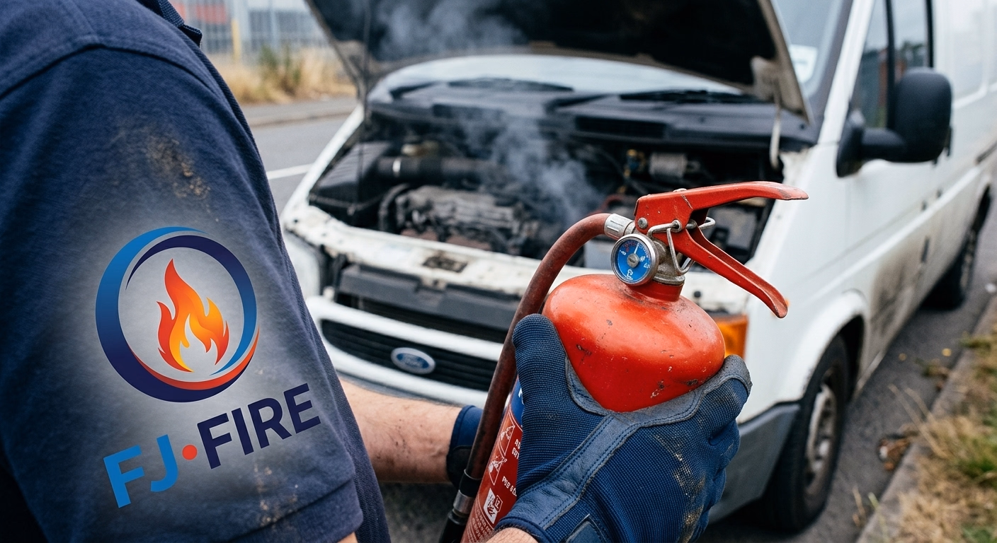 Extincteur poudre ABC 1kg rouge compact fixé sous le siège d'une voiture avec support à sangle, à portée de main du conducteur pour un départ de feu