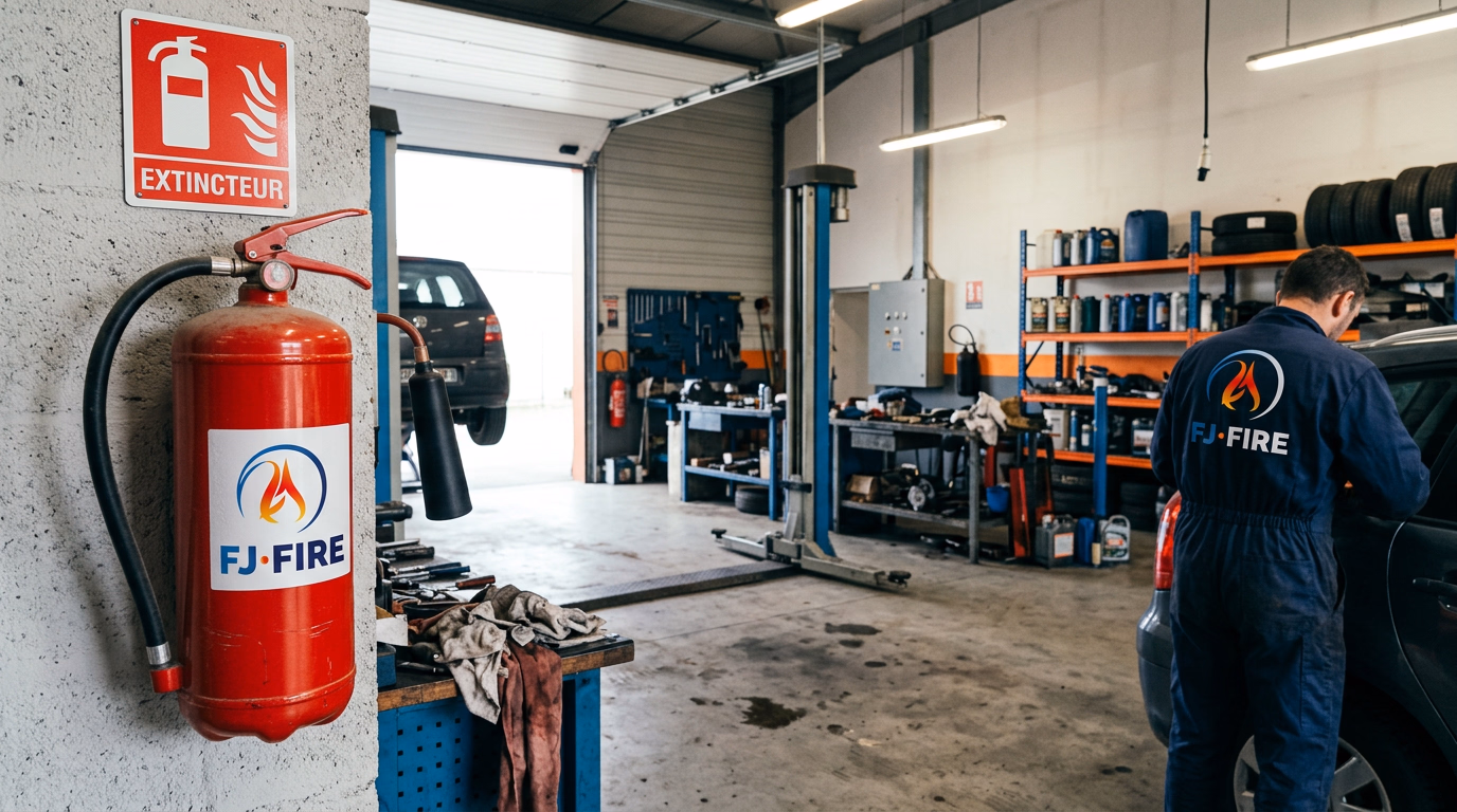 Extincteur à poudre ABC fixé au mur d'un atelier de garage automobile, avec pont élévateur, établi et tableau électrique en arrière-plan