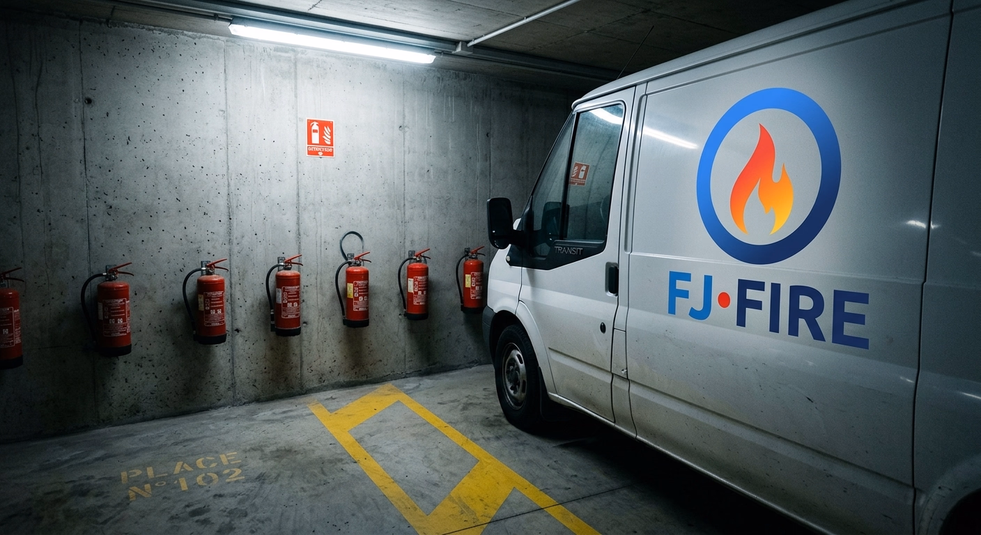 Extincteurs portatifs le long d'un mur dans le parking souterrain d'une copropriété