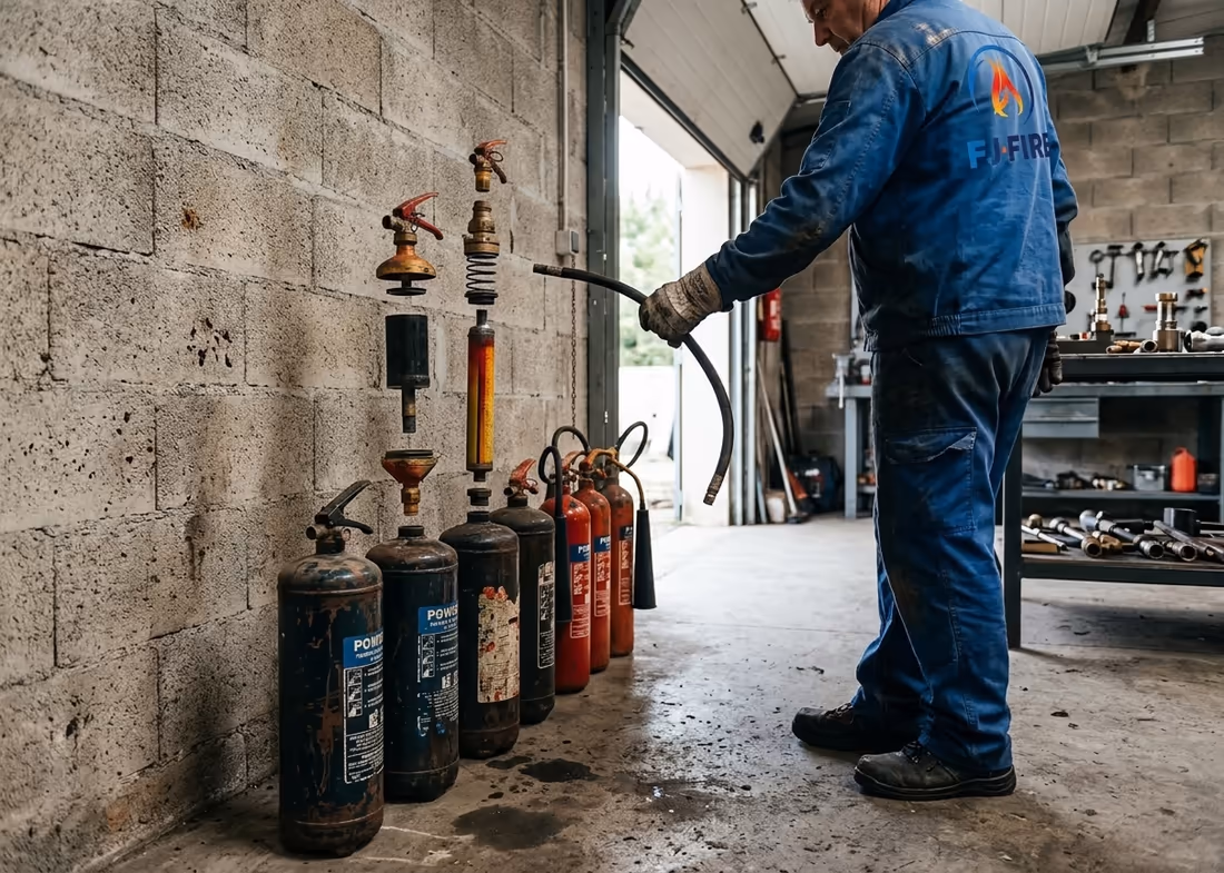 Vieux extincteurs poudre et CO2 alignés dans l'atelier de dénaturation FJ FIRE à Coutras avant dépressurisation
