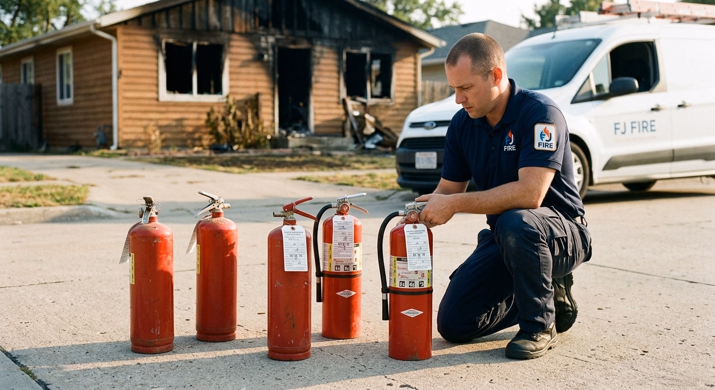 Cinq extincteurs vides posés au sol après un incendie déclenché par la foudre dans un camping en Dordogne, illustration de la nécessité d'un extincteur adapté au type de feu