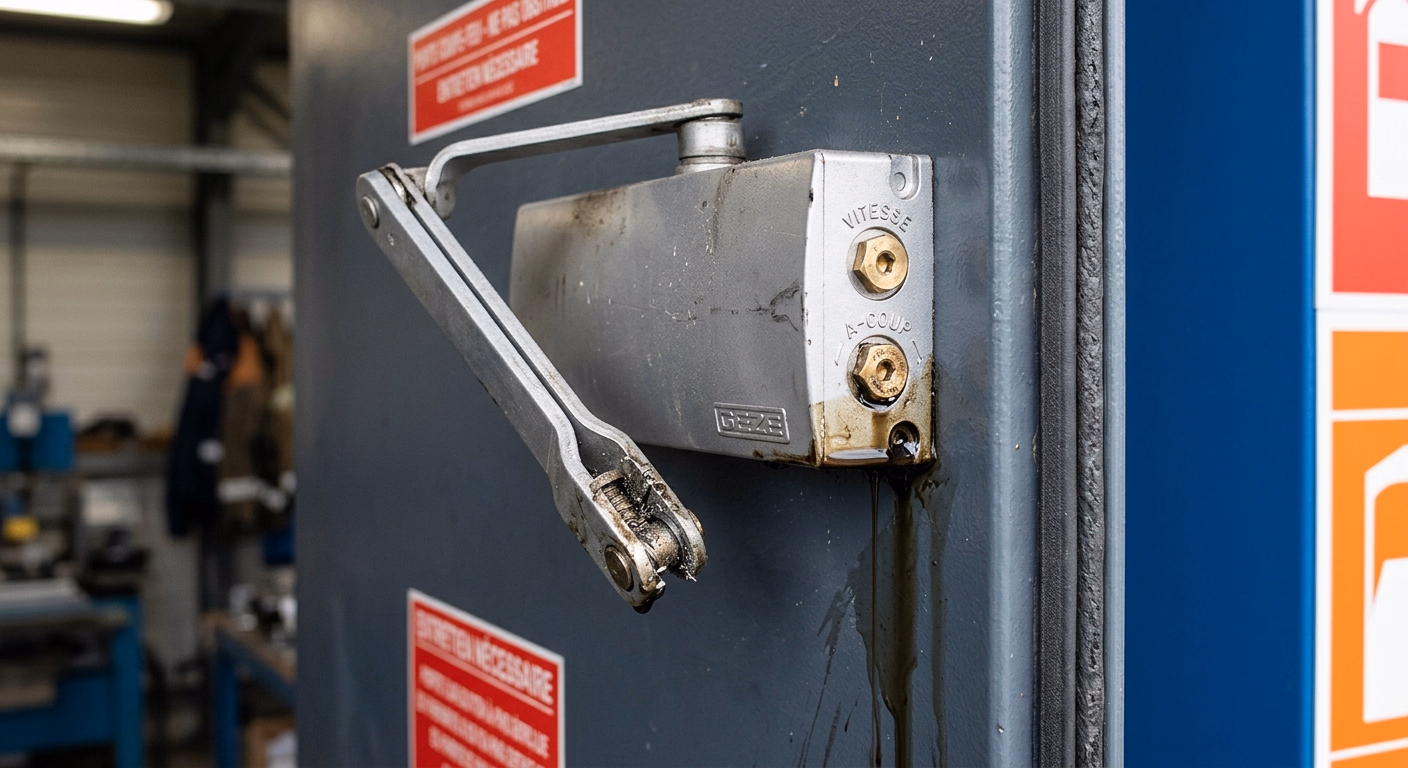 Ferme-porte hydraulique de porte coupe-feu cassé : corps métallique avec fuite d'huile, bras articulé désolidarisé et vis de réglage de vitesse apparentes