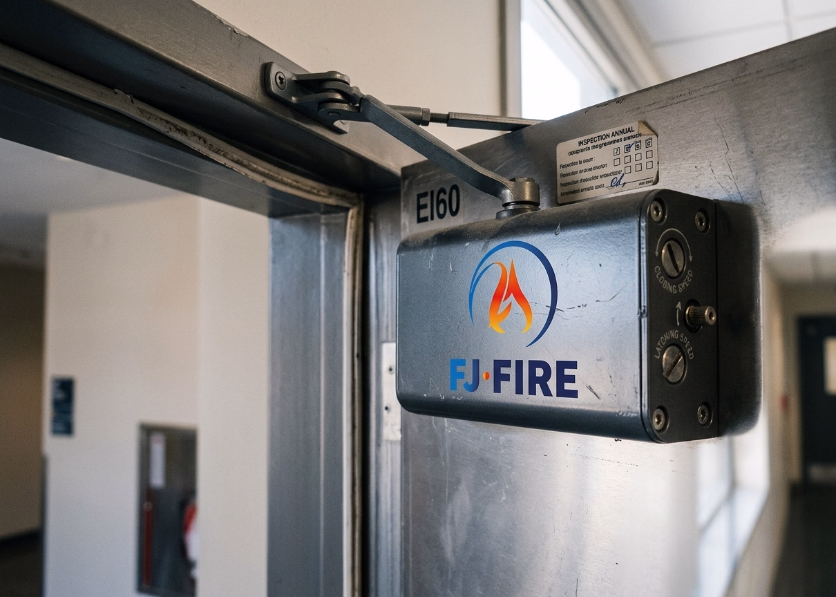 Ferme-porte hydraulique d'une porte coupe-feu EI60 : bras articulé, vis de réglage de vitesse et à-coup final, joint intumescent le long du dormant, étiquette de contrôle annuel