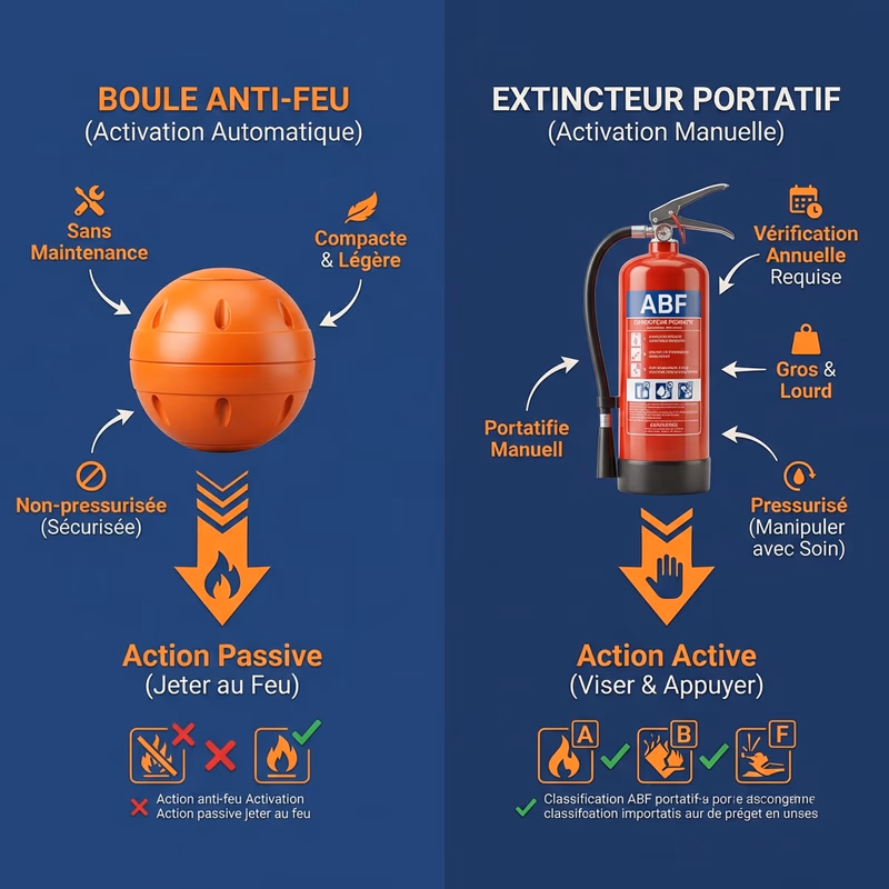 Comparaison entre une boule anti-feu et un extincteur ABF professionnel certifié NF