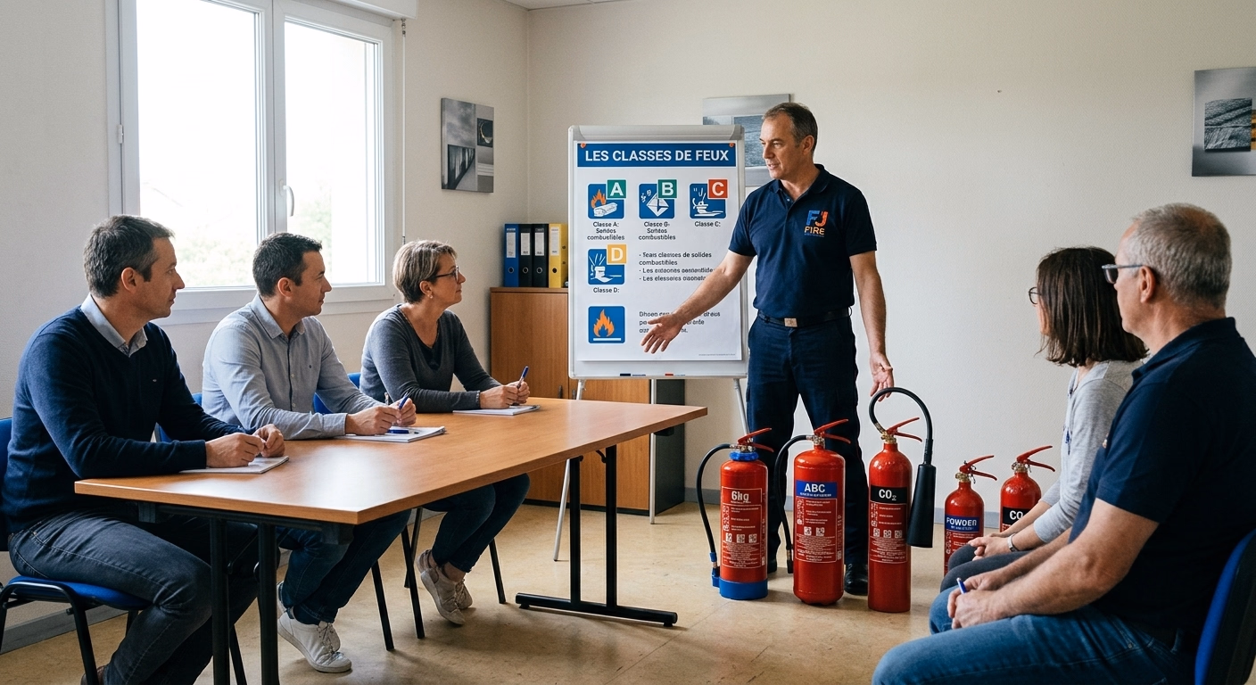 Formateur présentant les classes de feux et différents extincteurs à un groupe de salariés lors d'une formation EPI en entreprise