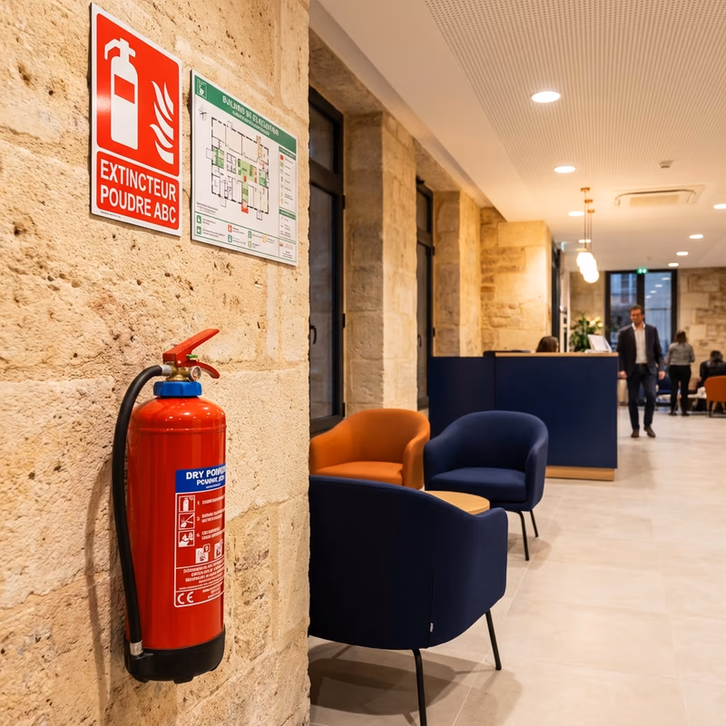 Extincteur à poudre installé dans un hall d'entreprise à Bordeaux avec signalétique incendie réglementaire