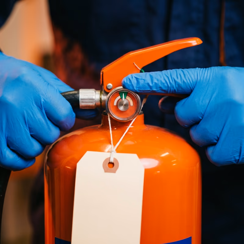 Technicien FJ FIRE vérifiant la pression d'un extincteur à poudre dans une entreprise à Libourne, manomètre dans la zone verte