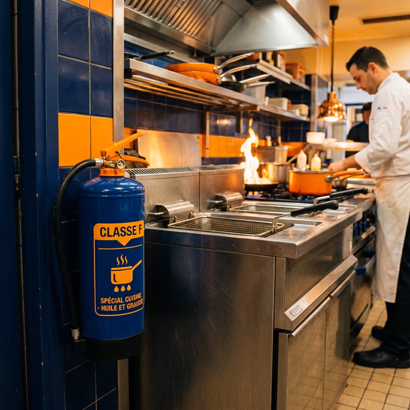 Extincteur classe F bleu installé à côté d'une friteuse professionnelle dans une cuisine de restaurant, avec étiquette de classe de feu visible