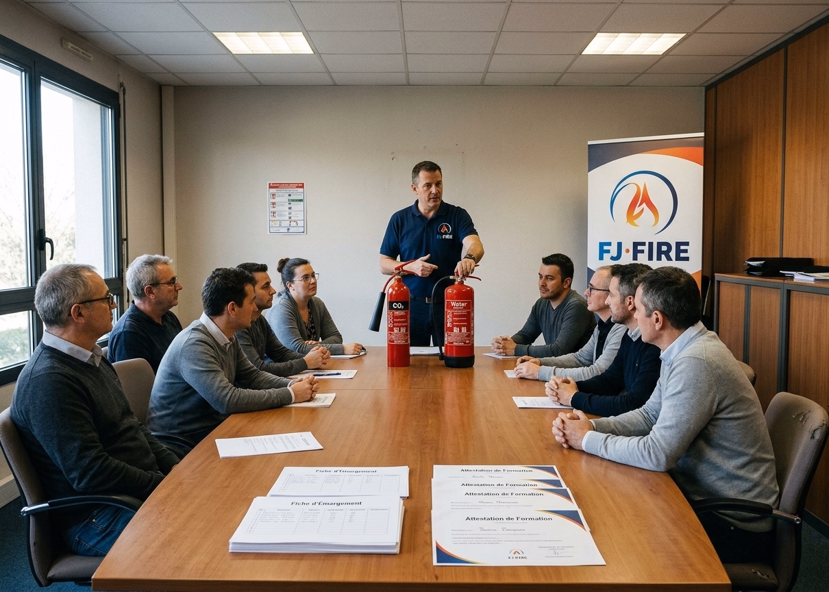 Illustration de la partie théorique d'une formation incendie en entreprise : présentation d'extincteurs à un groupe de salariés autour d'une table