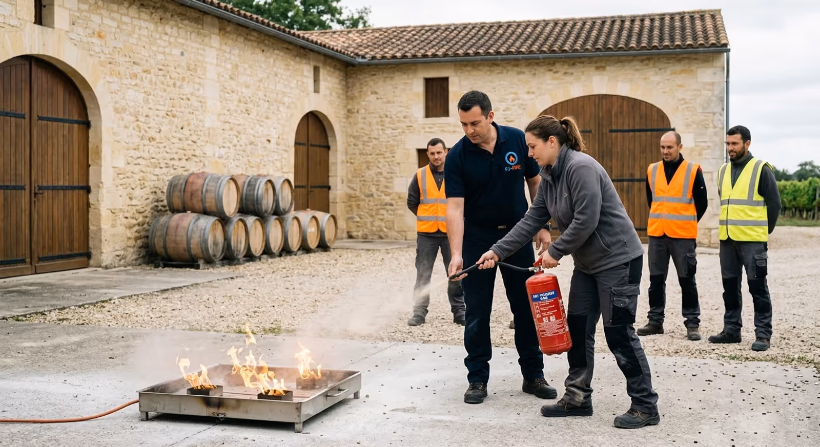 Salariée d'une entreprise du Libournais manipulant un extincteur sur bac à feu lors d'une formation incendie devant un chai en pierre