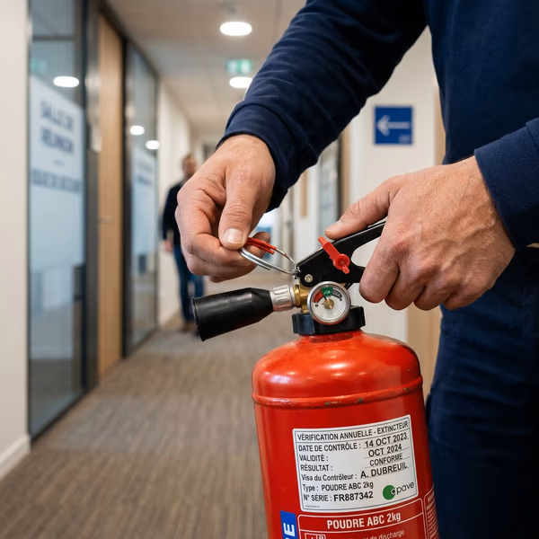 Gros plan sur les mains d'un salarié manipulant un extincteur rouge, goupille de sécurité et étiquette de vérification visible, dans un couloir d'entreprise française