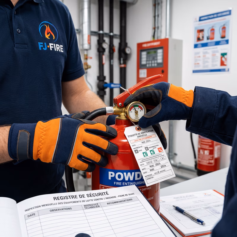 Technicien certifié vérifiant un extincteur dans un local d'entreprise à Libourne, manomètre et étiquette de vérification annuelle visible