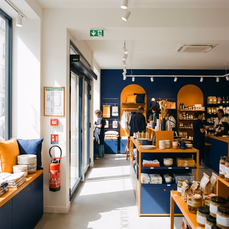 Intérieur d'un magasin français avec extincteur, alarme type 4, BAES et plan d'évacuation affichés, prêt pour la commission de sécurité