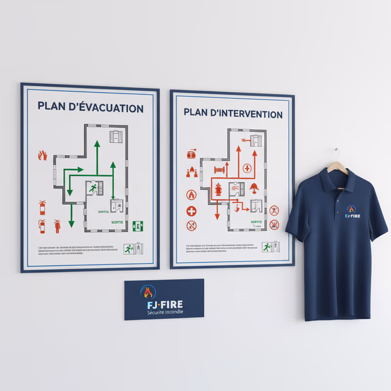 Comparaison entre un plan d'évacuation et un plan d'intervention incendie affichés côte à côte dans une entreprise française
