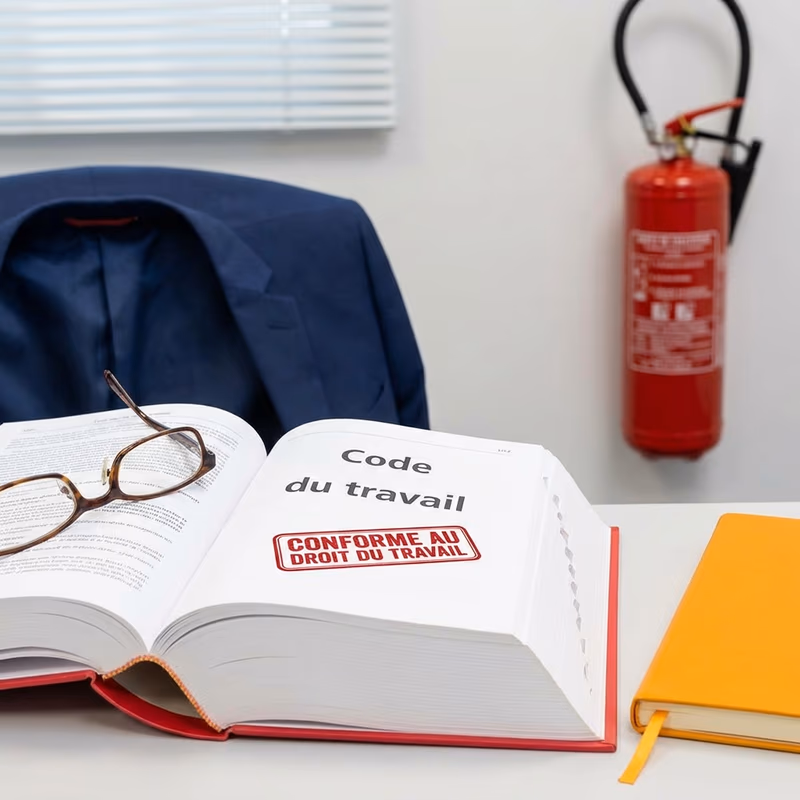 Code du travail français ouvert sur un bureau avec extincteur rouge en arrière-plan et tampon de conformité, illustrant la réglementation extincteurs entreprise