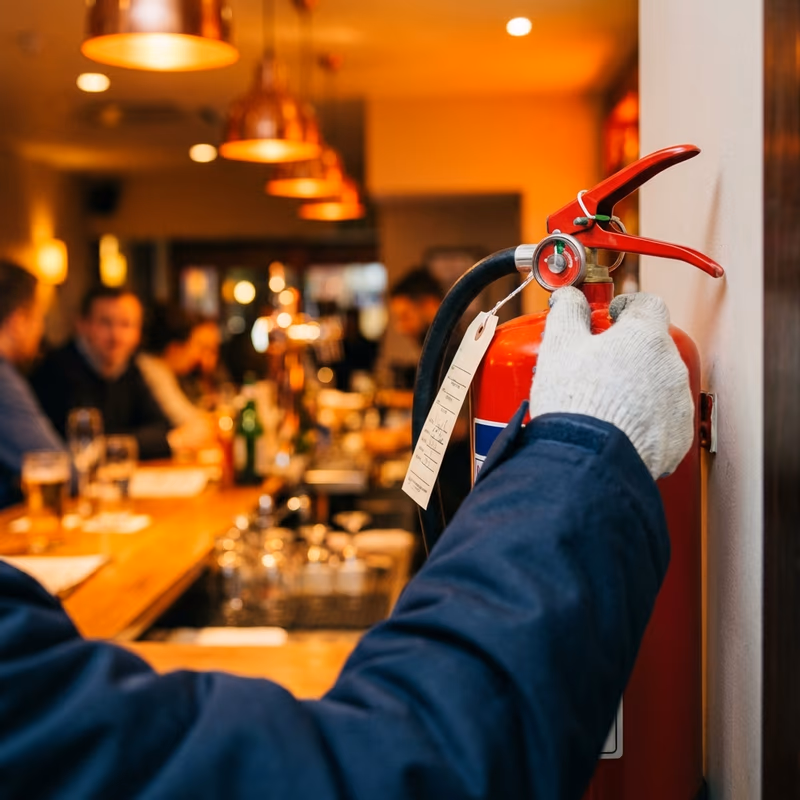 Technicien vérifiant un extincteur dans un bar restaurant, manomètre en gros plan et comptoir en arrière-plan