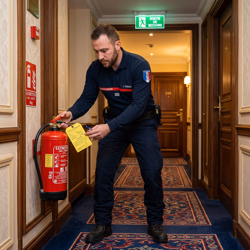 Technicien vérifiant un extincteur dans le couloir d'un hôtel à Bordeaux